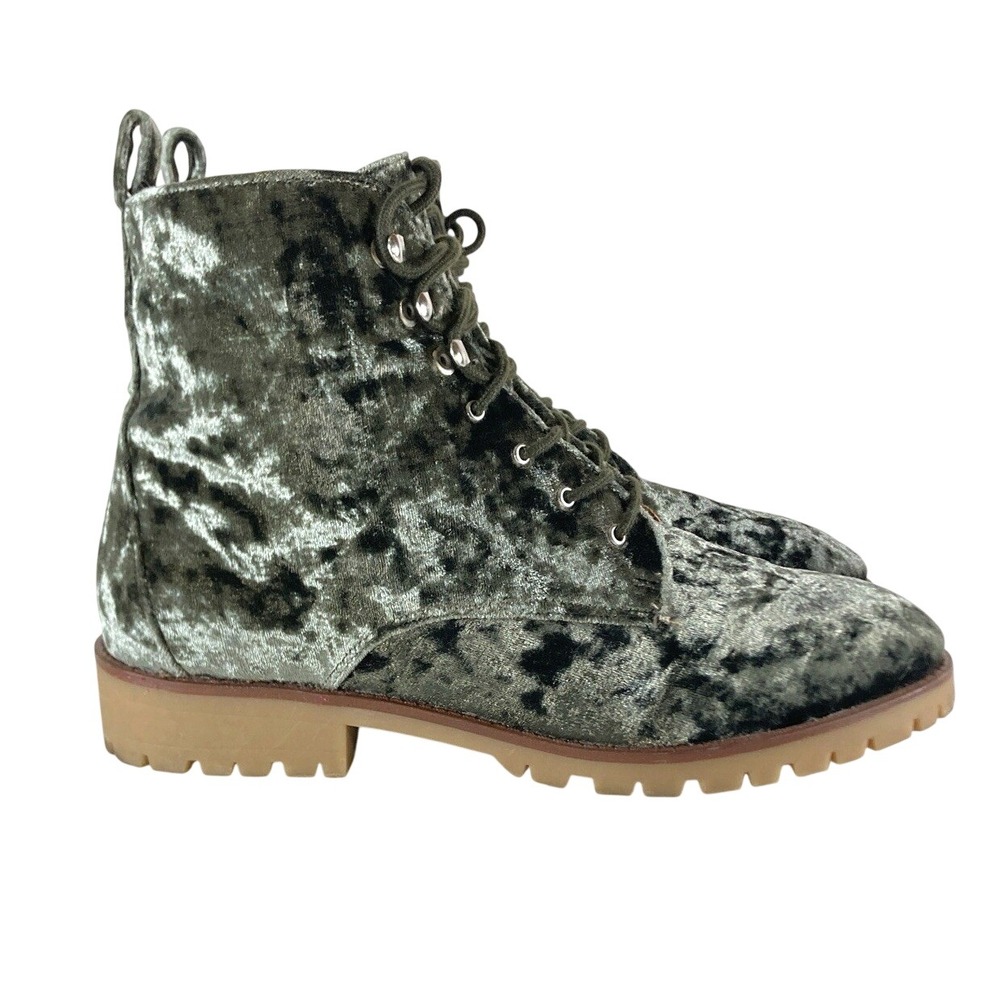 Qupid Green Velvet Combat Boots Womens 8 Velour Whimsigoth Lace Up Ankle Shoe - Picture 3 of 12